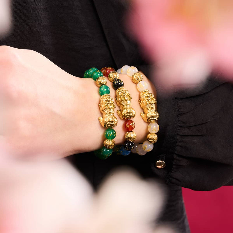Pixiu Feng Shui Armband | FÜNF Elemente | Chakra-Achat x 18 Karat Gold