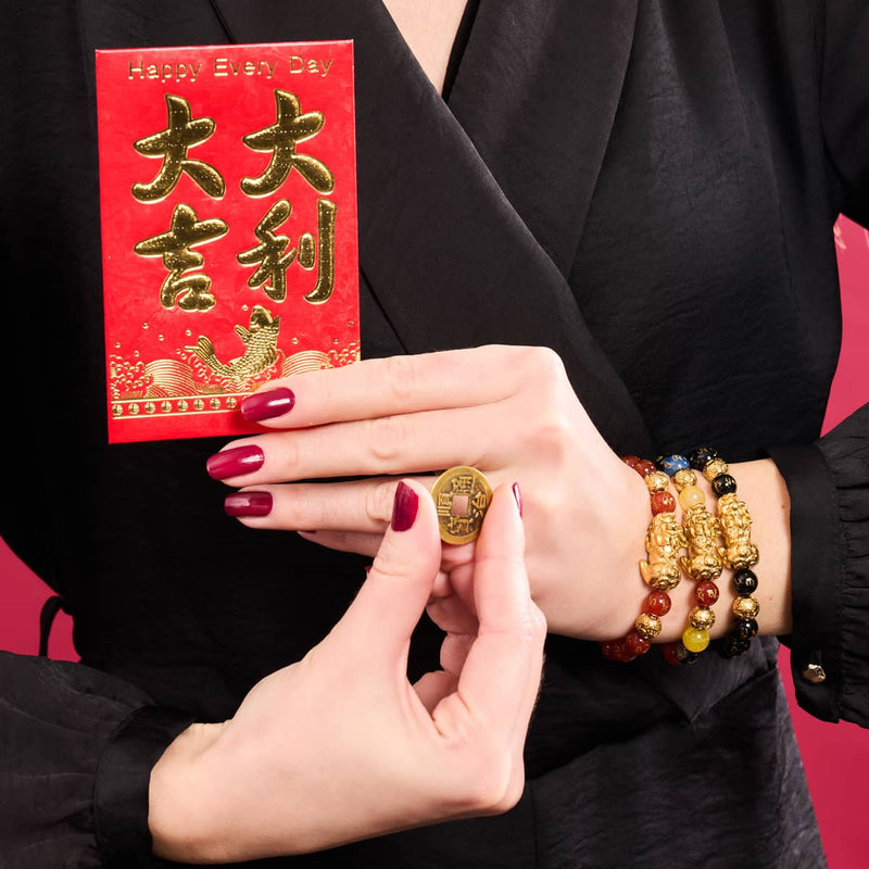 Pixiu Feng Shui Armband | FÜNF Elemente | Chakra-Achat x 18 Karat Gold