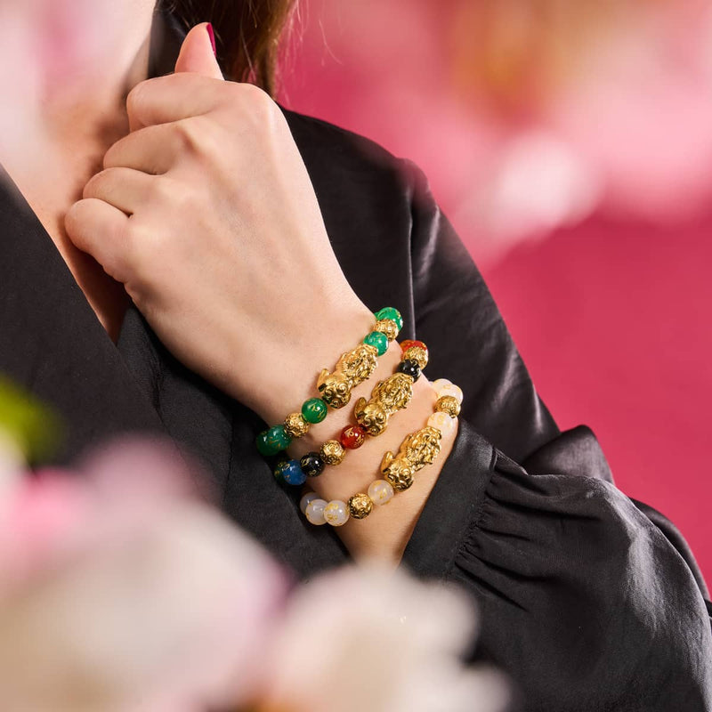 Pixiu Feng Shui Armband | FÜNF Elemente | Chakra-Achat x 18 Karat Gold