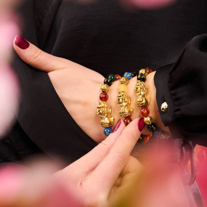 Pixiu Feng Shui Armband | FÜNF Elemente | Chakra-Achat x 18 Karat Gold