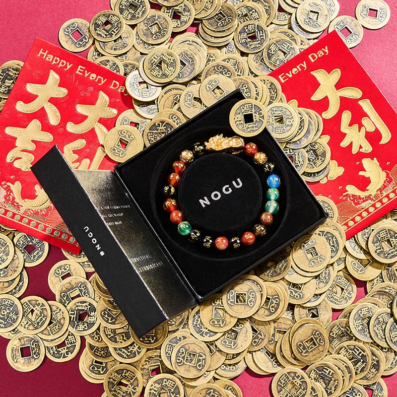 Pixiu Feng Shui Armband | FÜNF Elemente | Chakra-Achat x 18 Karat Gold