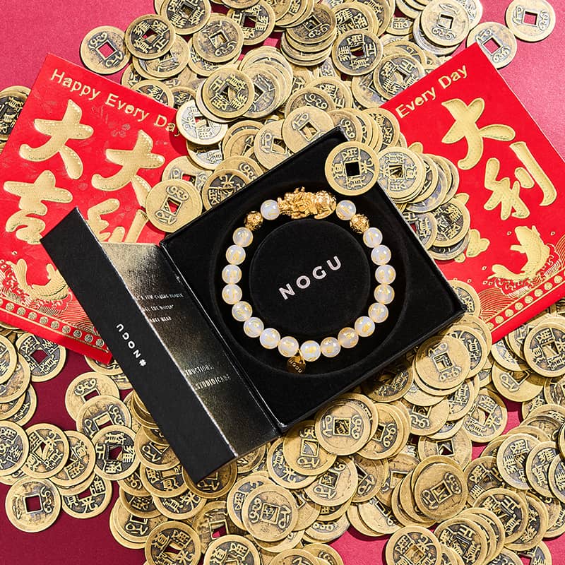Pixiu Feng Shui Armband | GOLD Element | Weißer Achat x 18 Karat Gold
