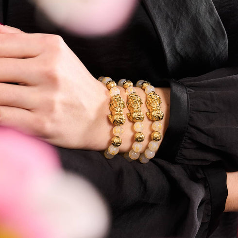 Pixiu Feng Shui Armband | GOLD Element | Weißer Achat x 18 Karat Gold
