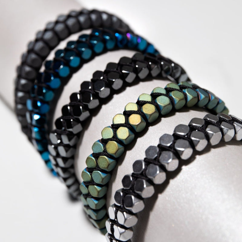 Heiliges Geom | Blauer Hämatit | Rotguss | Oktaeder-Armband