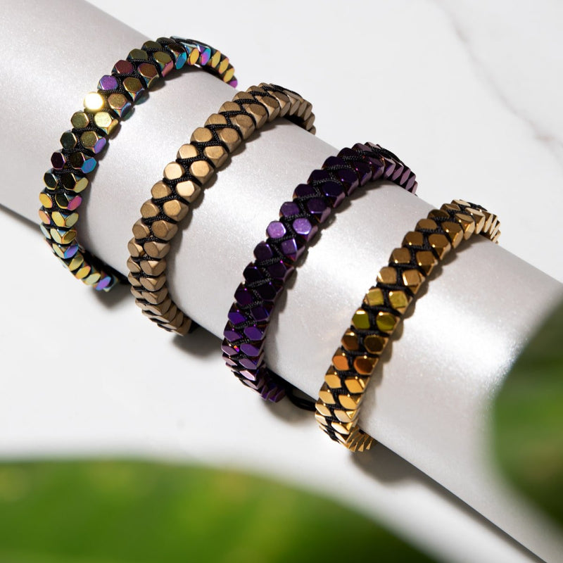Heiliges Geom | Regenbogen-Hämatit | Rotguss | Oktaeder-Armband