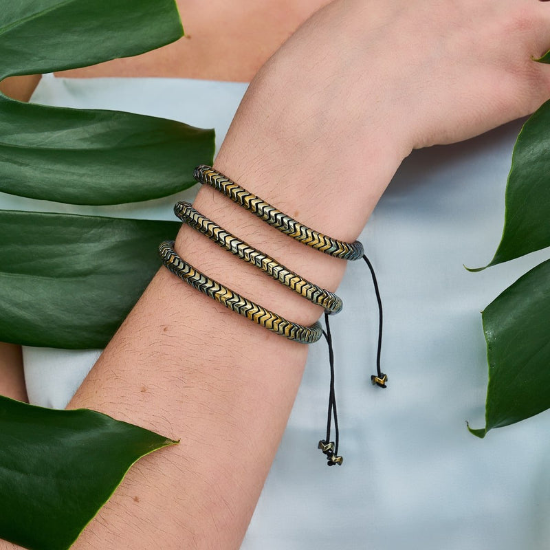 Serpentin | Bronze-Hämatit x Silber | Doppelwellenarmband