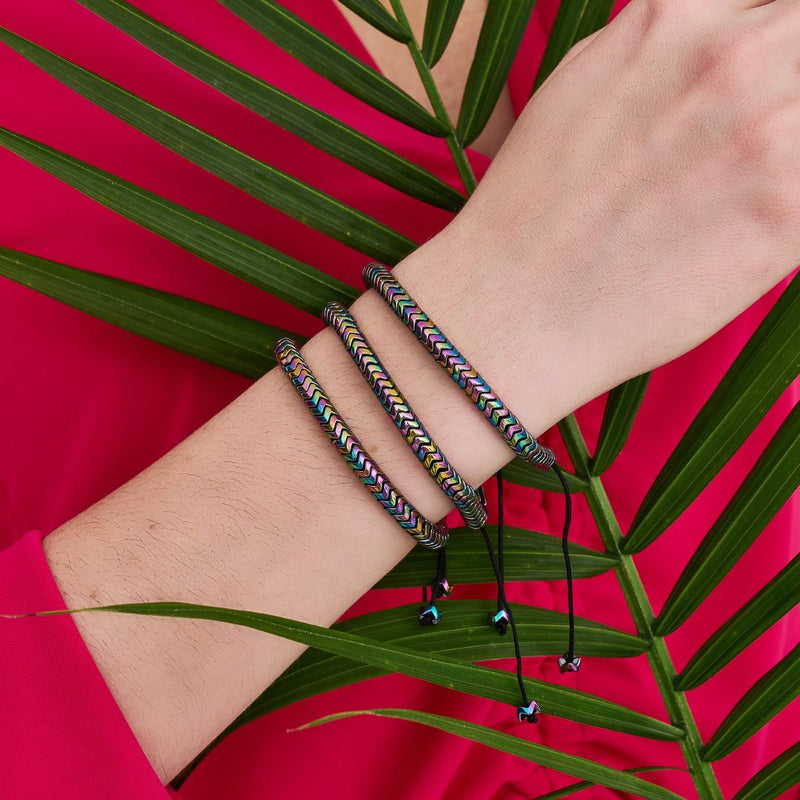 Serpentin | Regenbogen-Hämatit x Einhorn-Silber | Doppelwellen-Armband