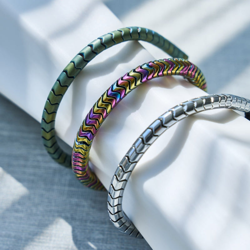 Serpentin | Regenbogen-Hämatit x Einhorn-Silber | Doppelwellen-Armband