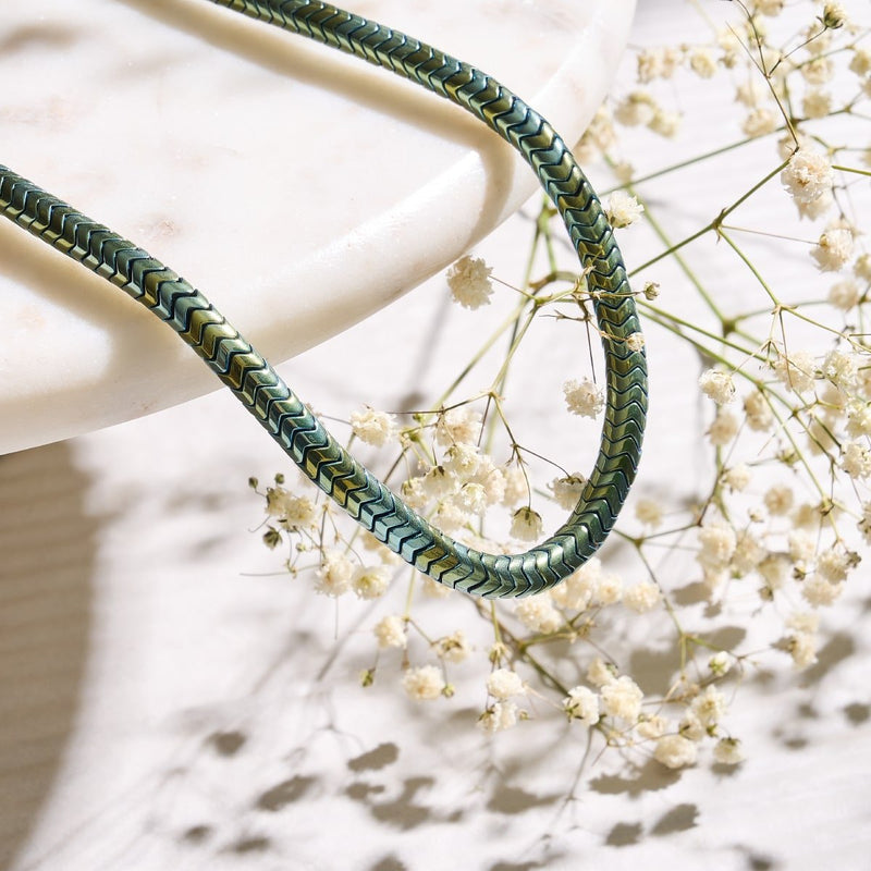 Serpentin | Smaragd-Hämatit x Rotguss | Doppelwellen-Halskette