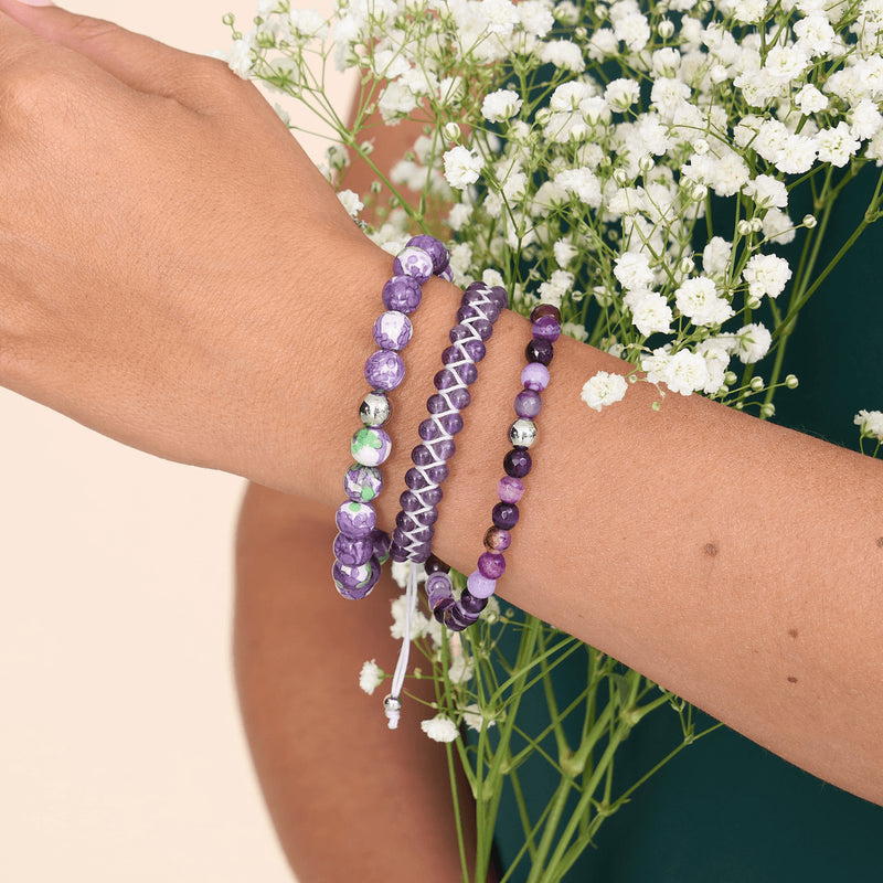 Lila Linien-Achat | 925er Sterlingsilber | Heilstein-Perlenarmband