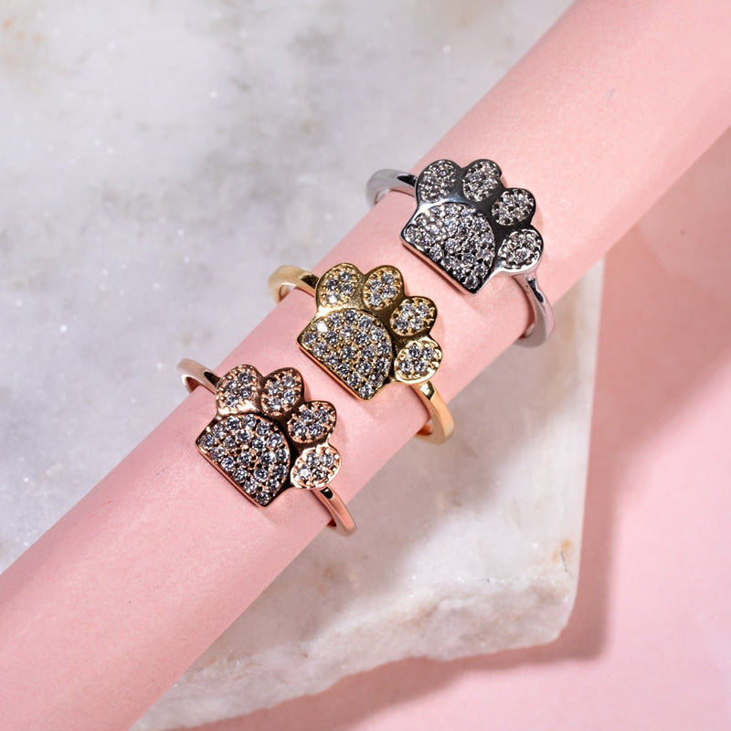 Pfote | Roségold Vermeil | CZ Diamant-Ring mit Welpen-Print