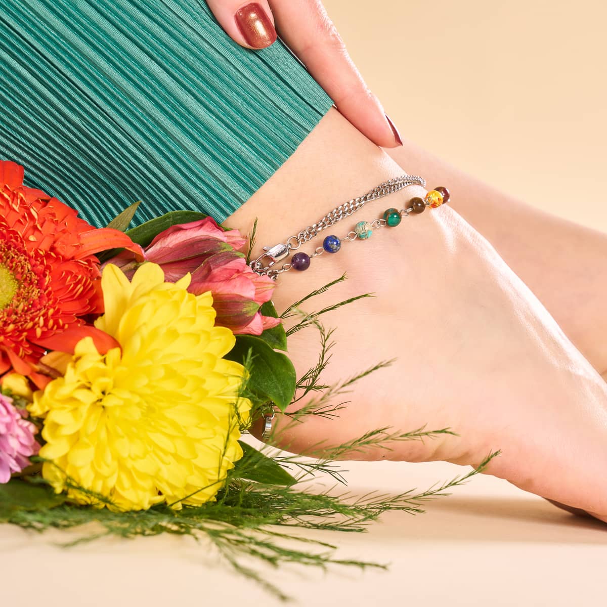 Regenbogenchakra | Fußkettchen mit 7 Edelsteinen | Silber