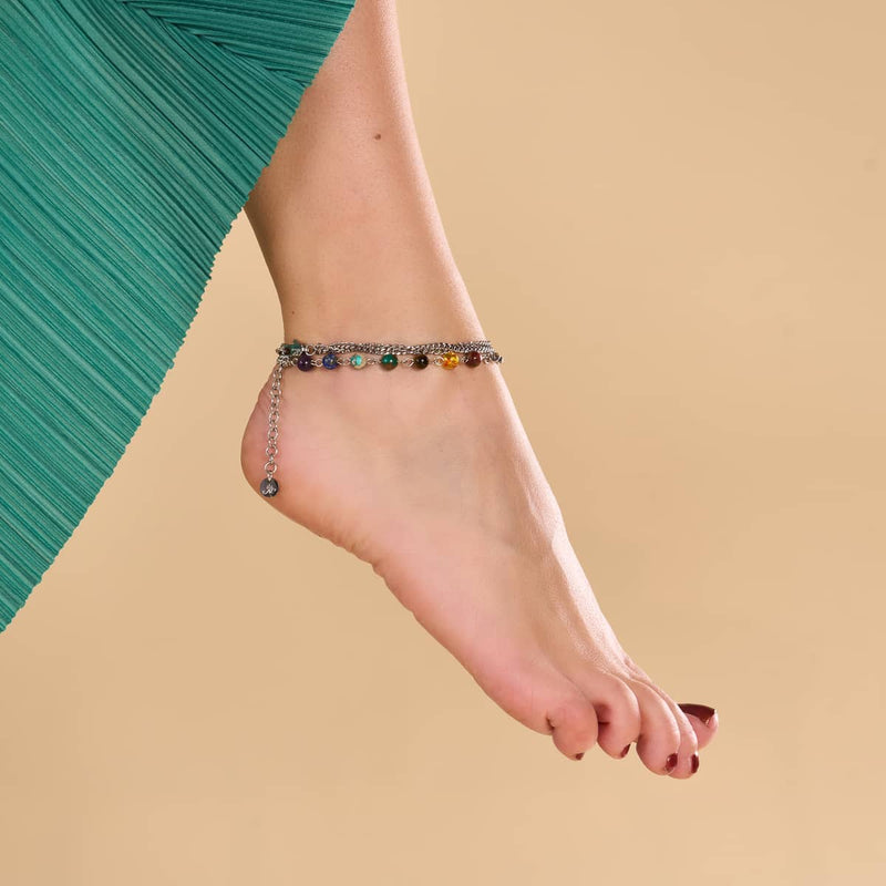 Regenbogenchakra | Fußkettchen mit 7 Edelsteinen | Silber