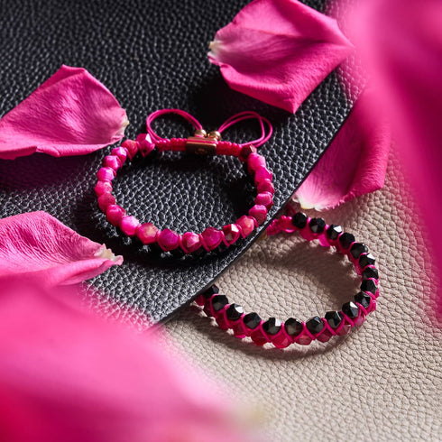 Magentaquarz & Schwarzer Achat | Roségold | Doppeltes Geom-Armband