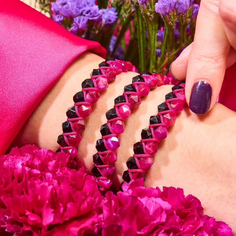 Magentaquarz & Schwarzer Achat | Roségold | Doppeltes Geom-Armband