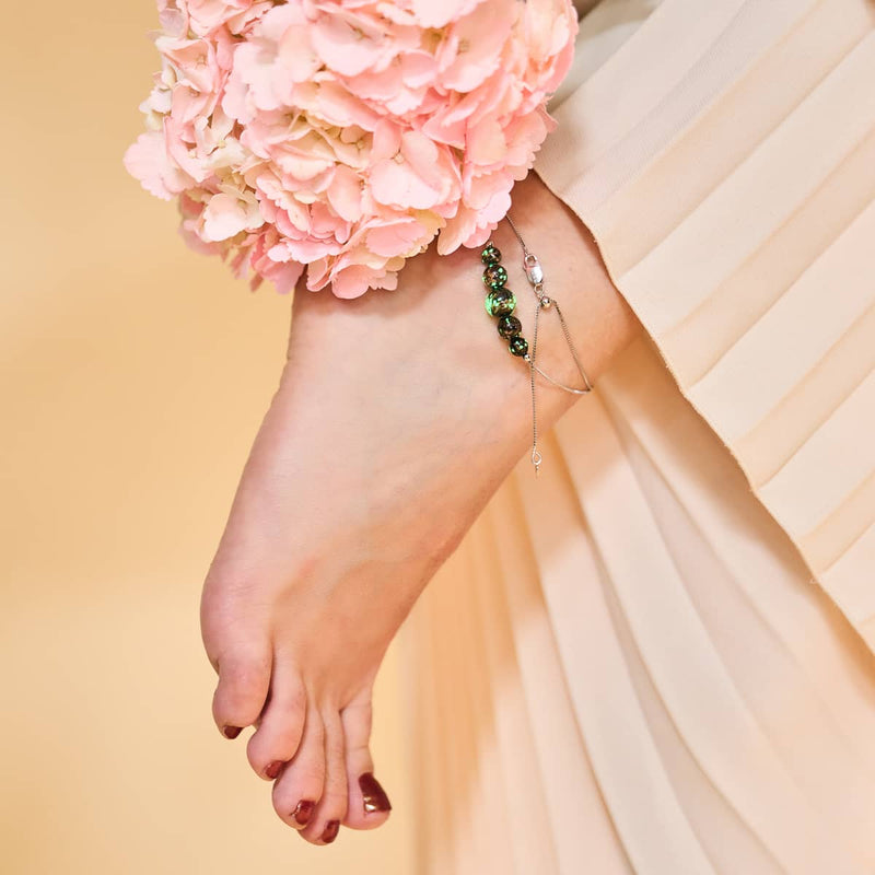 Obsidian | 925er Sterlingsilber | Glühwürmchen-Glas-Fußkettchen mit Unendlichkeitsverschluss