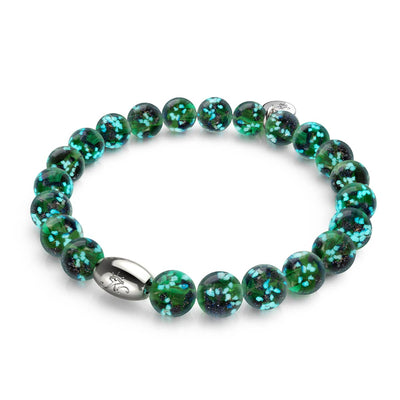 Blue Shamrock bracelet with glow-in-the-dark turquoise speckled glass beads and sterling silver accent bead by NOGU