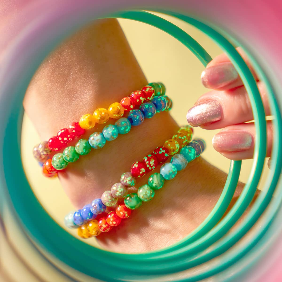 Regenbogen-Wrap | 925er Sterlingsilber | Massives Glühwürmchen-Glasarmband