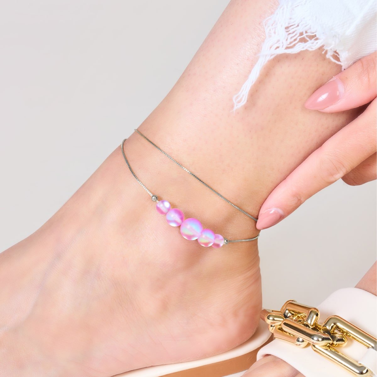 Rosa | 925 Sterling Silber | Meerjungfrau Glas Unendlichkeitsverschluss Fußkettchen