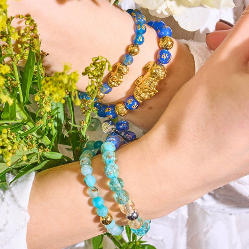 Mini Pixiu Feng Shui Armband | Wasserelement | Blauer Achat x 18 Karat Gold