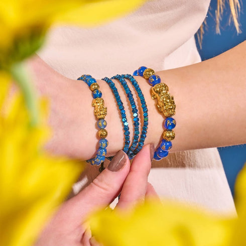 Mini Heiliges Geom | Blauer Hämatit x Rotguss | Dreireihiges Armband