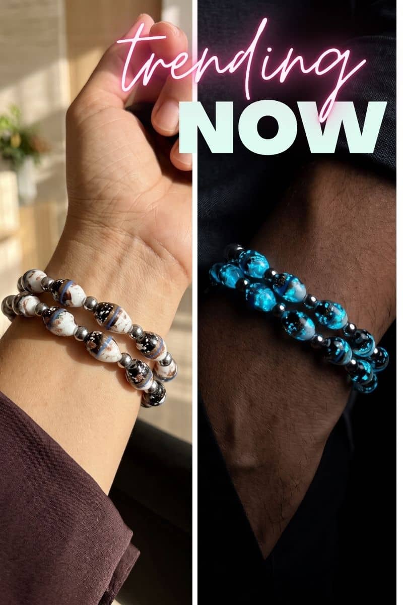 NOGU trending now banner featuring stacked beaded bracelets with silver-tone accents in white-brown and turquoise-black designs.