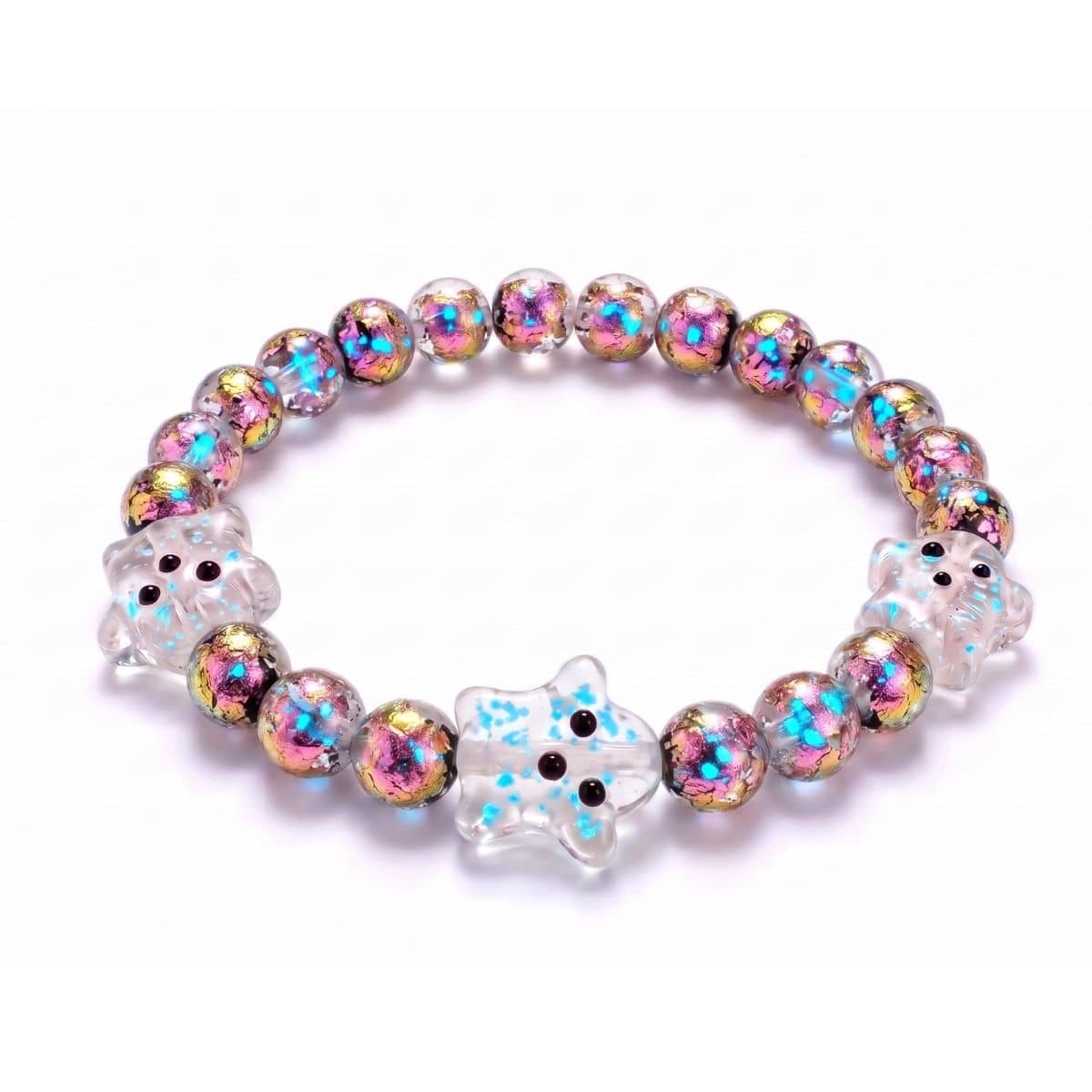 Pink Potion Firework Glass Ghost Bracelet with iridescent pink, turquoise and gold beads and three clear ghost charms