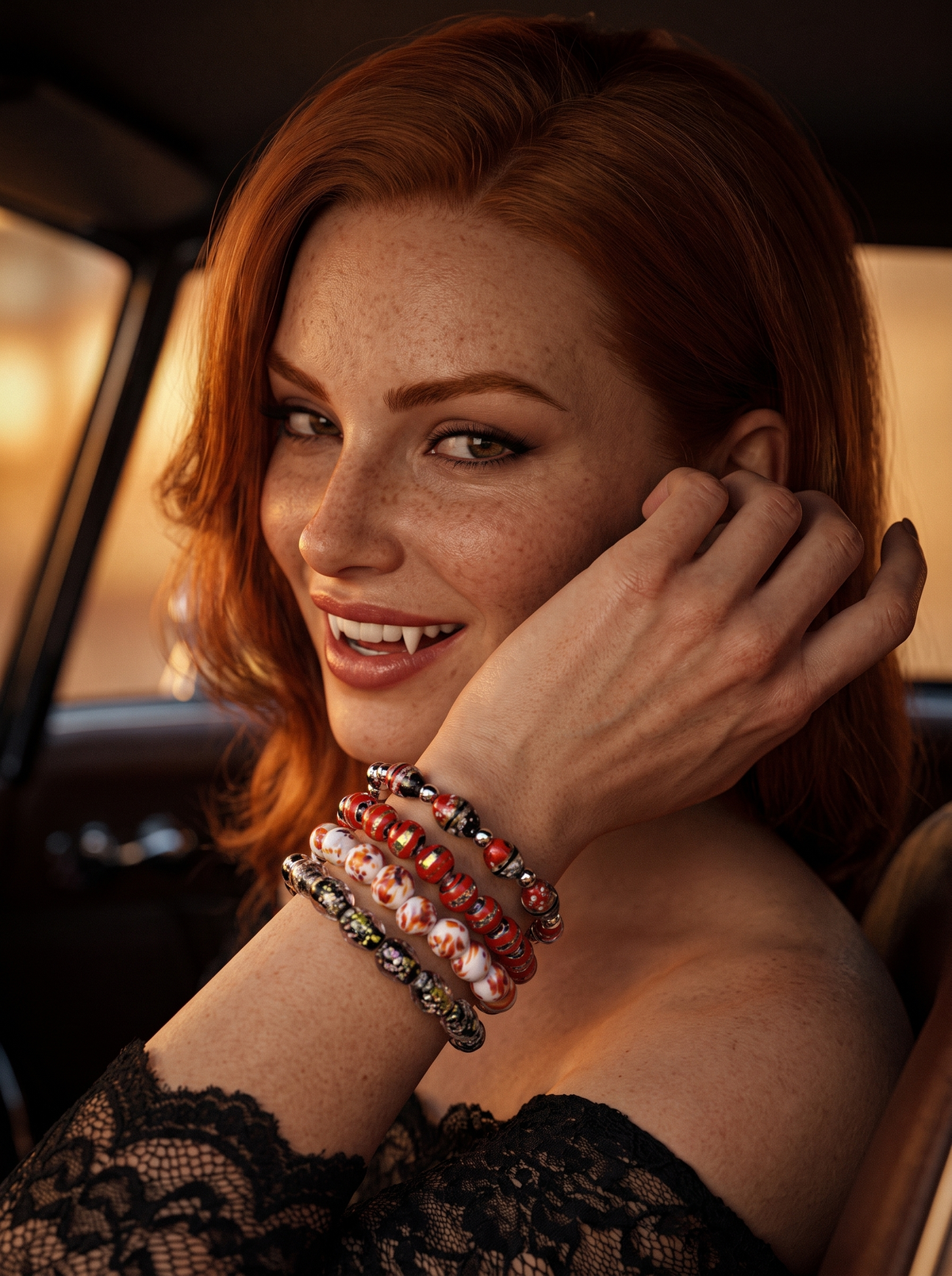 Stacked red, white and black beaded stretch bracelets with silver-tone accents, styled on a wrist in warm sunset light.