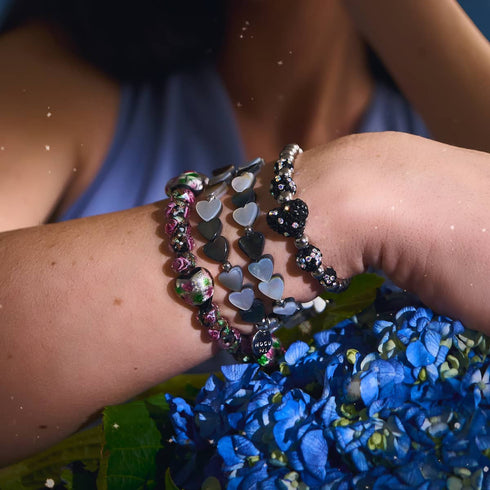 Schwarzer Blumenstrauß | 925 Sterling Silber | Firefly Glas Diamant Herzen Armband 