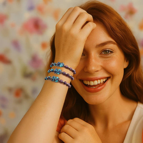 Blaue Iris | Silber | Glühwürmchen-Glasbär-Armband 
