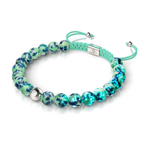 Blaue Minze | Silber | Glühwürmchen-Glas-Makramee-Armband