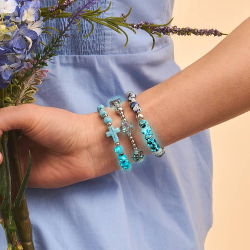 Himmelblau | Silber | Glühwürmchen-Glas-Kreuz-Armband 