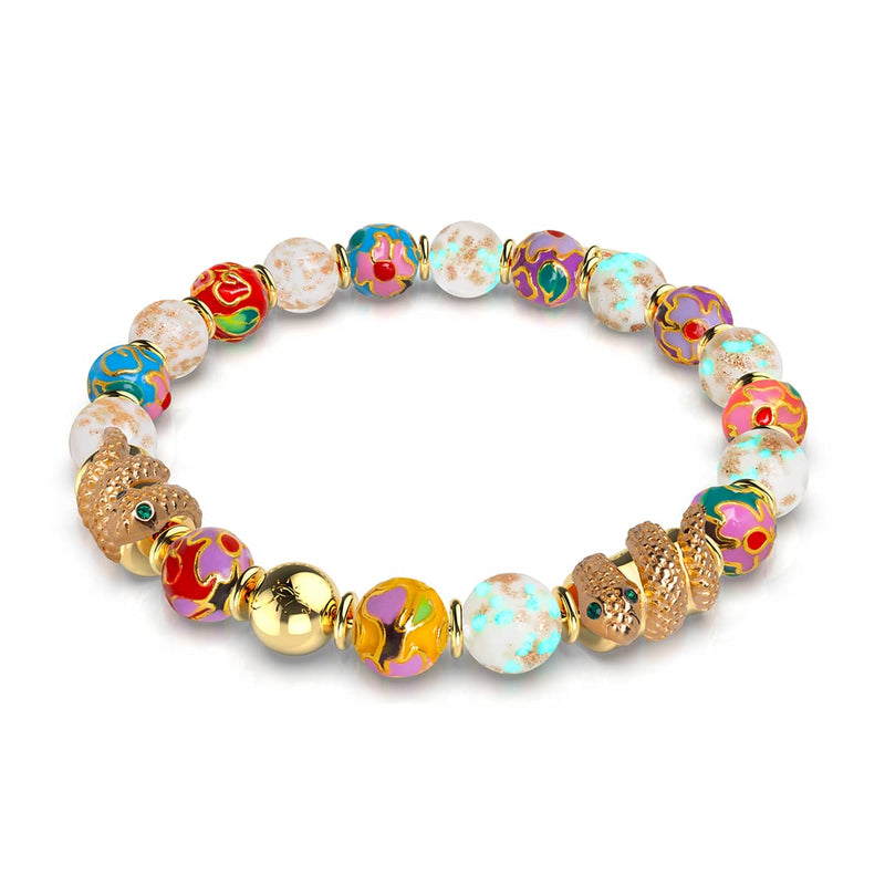 Wolkendrache | Emaille-Lotus | Weißes Glühwürmchen-Glasschlangenarmband