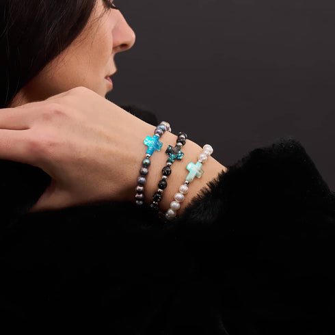 Obsidian | Silber | Glühwürmchen-Glas-Kreuz-Armband