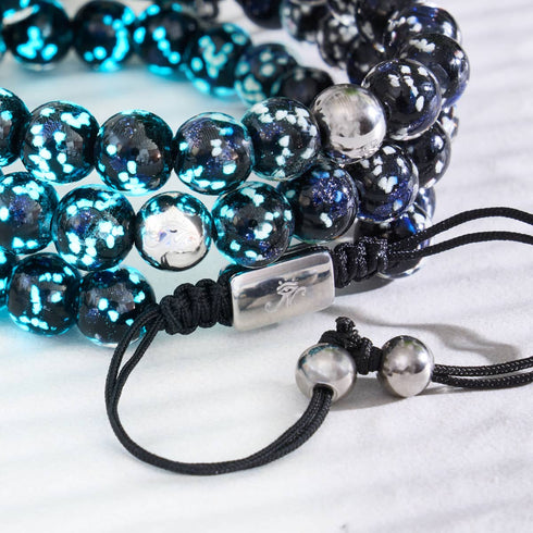 Pechschwarz | Silber | Glühwürmchen-Glas-Makramee-Armband 