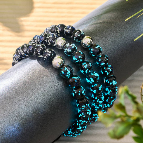 Pechschwarz | Silber | Glühwürmchen-Glas-Makramee-Armband 
