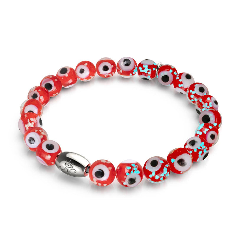Rot | 925 Sterling Silber | Glühwürmchen-Glas-Armband mit bösem Blick