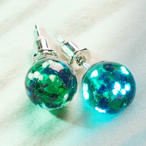 Blaues Kleeblatt | 925er Sterlingsilber | Glühwürmchen-Glas-Ohrstecker