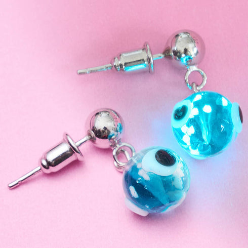 Blaugrün | 925 Sterling Silber | Glühwürmchen-Glas-Ohrstecker mit bösem Blick 