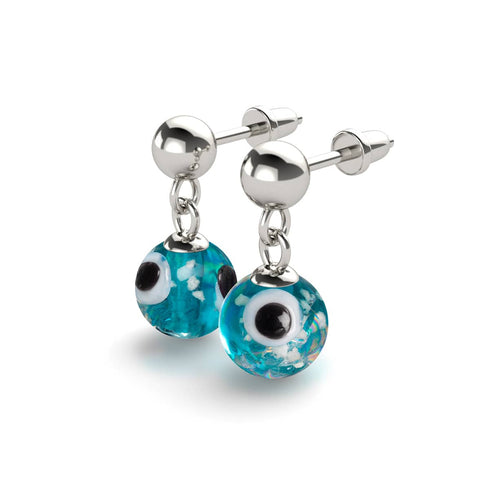 Blaugrün | 925 Sterling Silber | Glühwürmchen-Glas-Ohrstecker mit bösem Blick 
