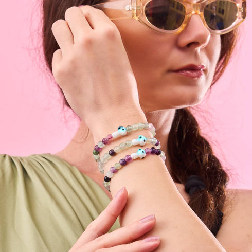 Fluorit | 925er Sterlingsilber | Glühwürmchen-Glaspilz-Edelsteinarmband 