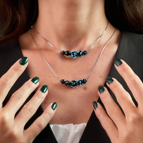 Pechschwarz | 925 Sterling Silber | Firefly Glas Unendlichkeitsverschluss Halskette 