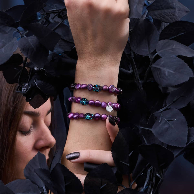 Violette Schatten | 925er Sterlingsilber | Lila Süßwasserperle x Glühwürmchen-Glas-Totenkopf-Armband 