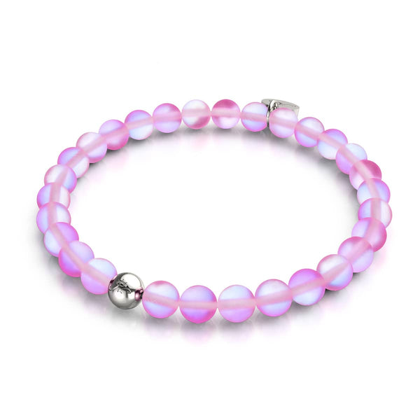 Pink silver mermaid glass bead bracelet with 6mm iridescent beads on clear elastic cord in stainless steel base by NOGU