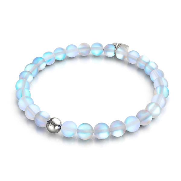 Rainbow White Silver Mermaid Glass Bead Bracelet with iridescent 6mm beads on clear elastic stainless steel base by NOGU