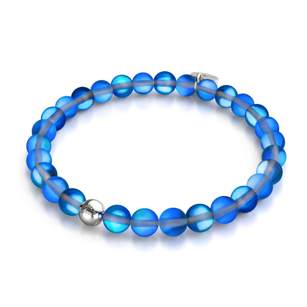 Sapphire silver mermaid glass bead bracelet with 6mm blue iridescent beads and stainless steel charm by NOGU