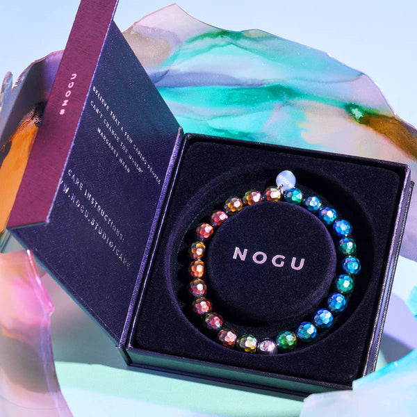 Chromata MoodSphere Bracelet with color-changing faceted beads in black box packaging with NOGU logo by NOGU