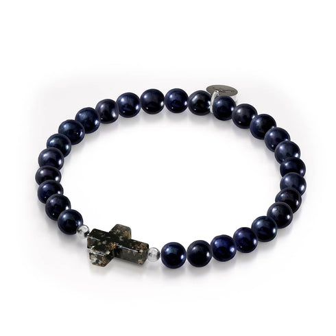 Jeanne d'Arc | 925er Sterlingsilber | Obsidian-Glühwürmchenglas x schwarzes Süßwasserperlen-Kreuzarmband 
