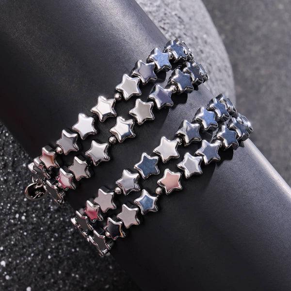 Ultra Chrome double wrap bracelet with reflective star glass beads and sterling silver accents on black stand by NOGU