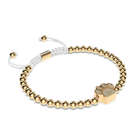 Pfote | 18 Karat Gold | Weiß | Kristallwelpen-Print | Makramee-Charmballa-Armband 
